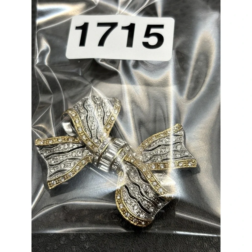 Vintage 90s Gold Tone Silver Tone Rhinestone Bow Brooch Pin Art Deco Revival